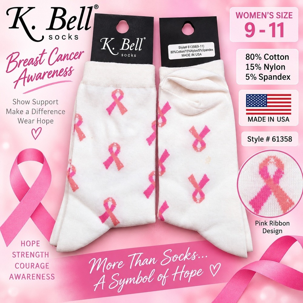 K. Bell Women White Pink Ribbon Breast Cancer Awareness Crew Socks 61358 USA NWT